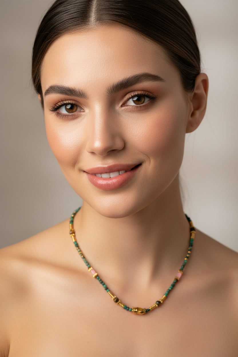 Multi‑Gemstone Beaded Necklace – Stainless Steel Minimal Style