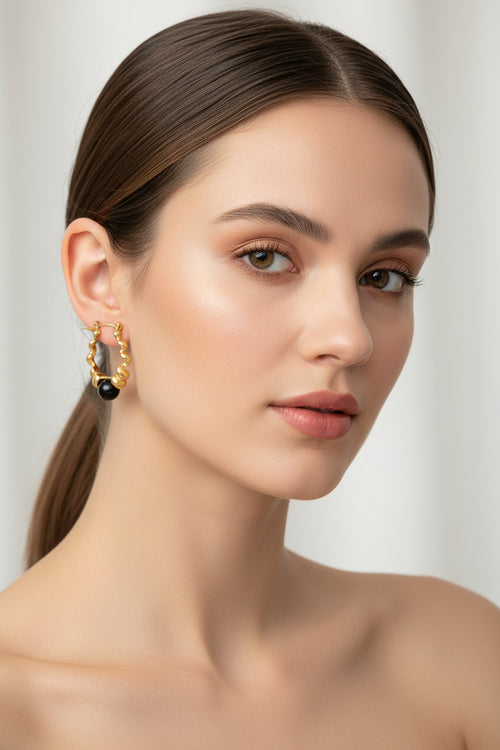 Twisted gold hoop black bead earrings — Kimoore