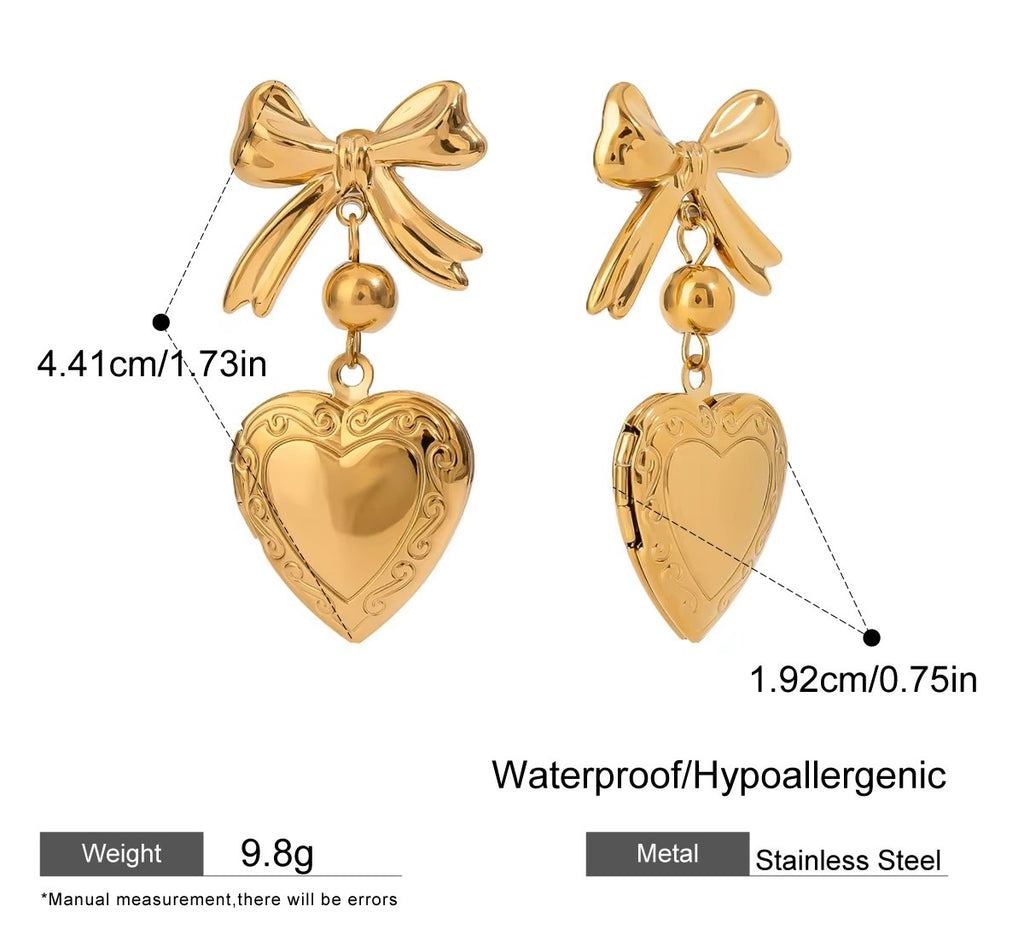 Bow Heart Drop Earrings - Vintage Style