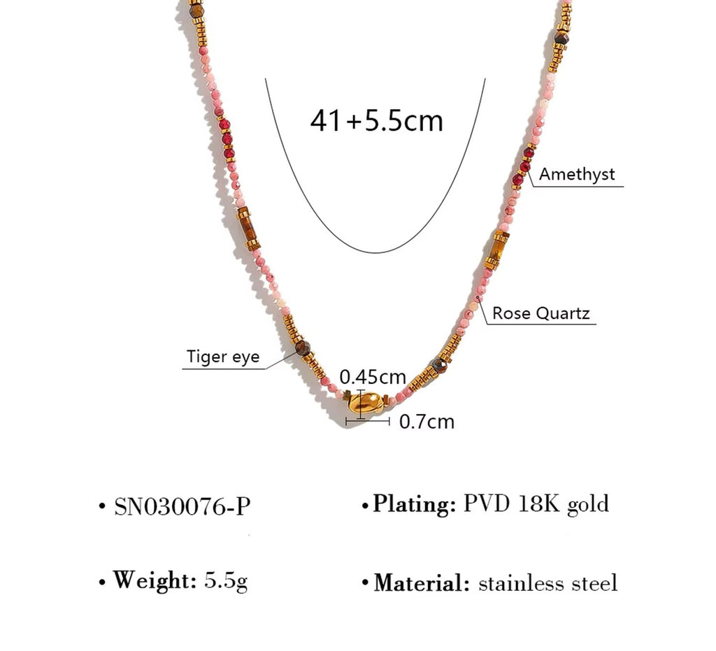 Multi‑Gemstone Beaded Necklace – Stainless Steel Minimal Style