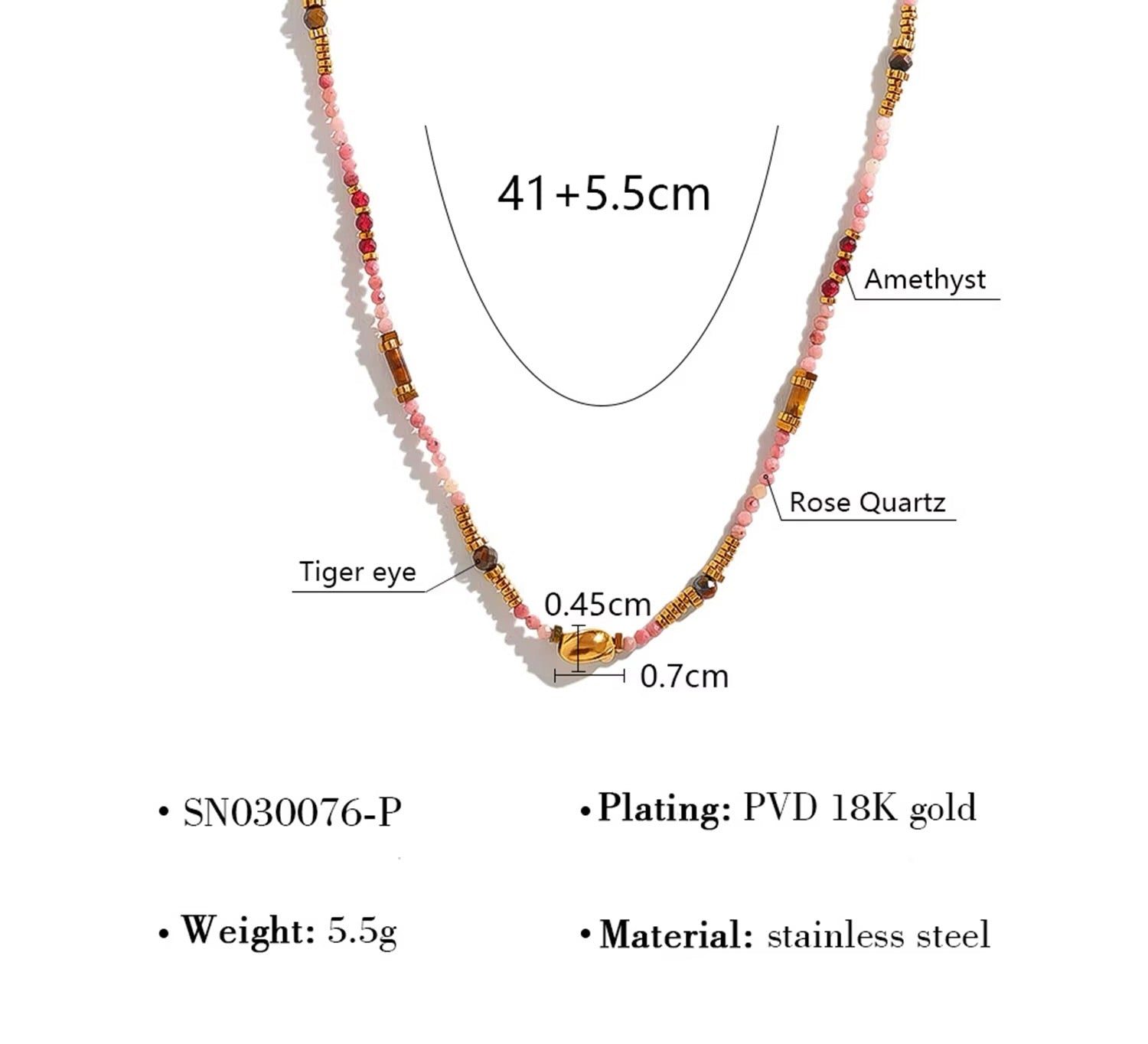 Multi‑Gemstone Beaded Necklace – Stainless Steel Minimal Style