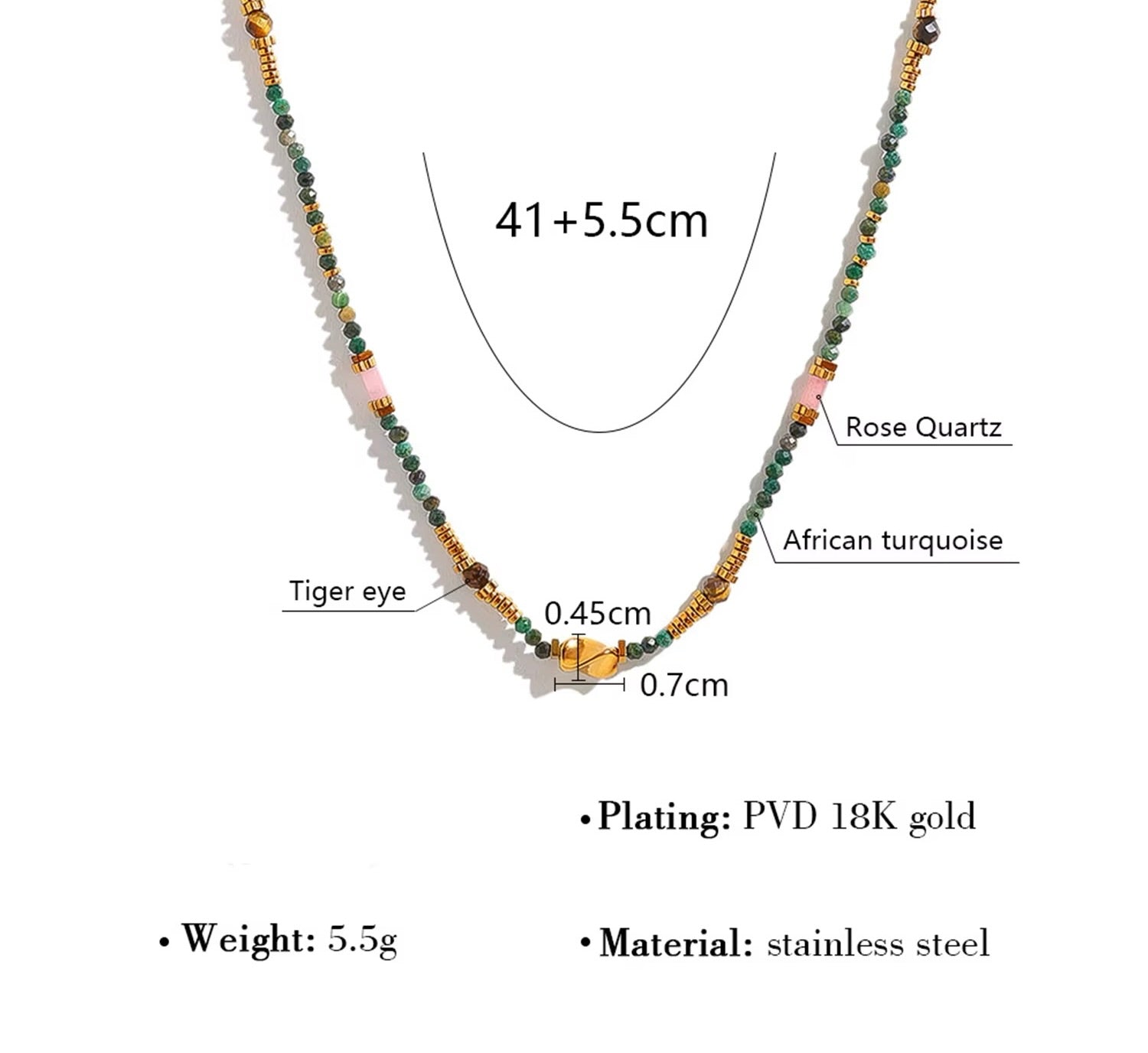 Multi‑Gemstone Beaded Necklace – Stainless Steel Minimal Style