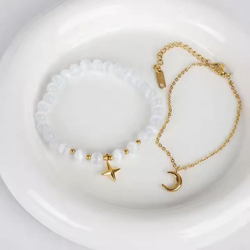 Celestial moon and star gold bracelet set for women — Kimoore
