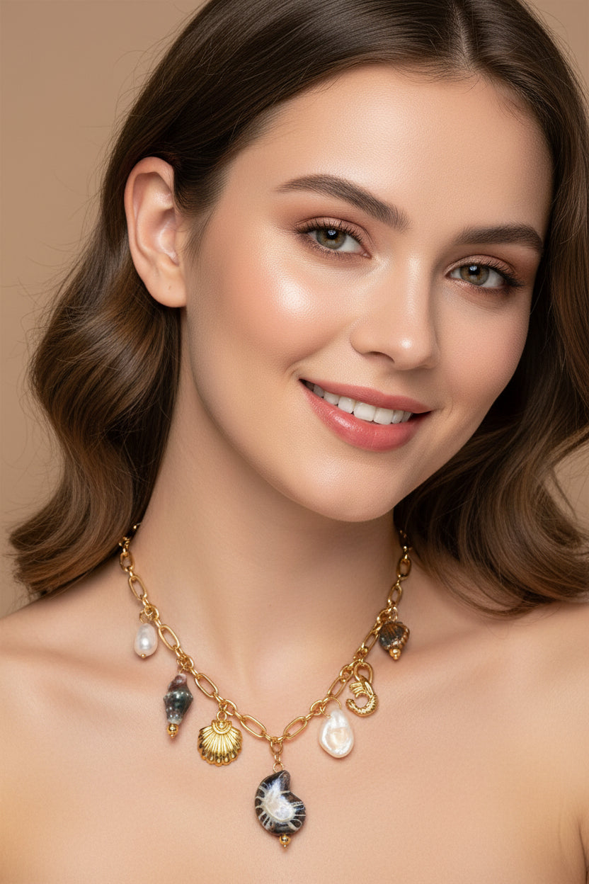 Gold Tone Shell Charm Necklace – Earthy Boho Style Jewellery