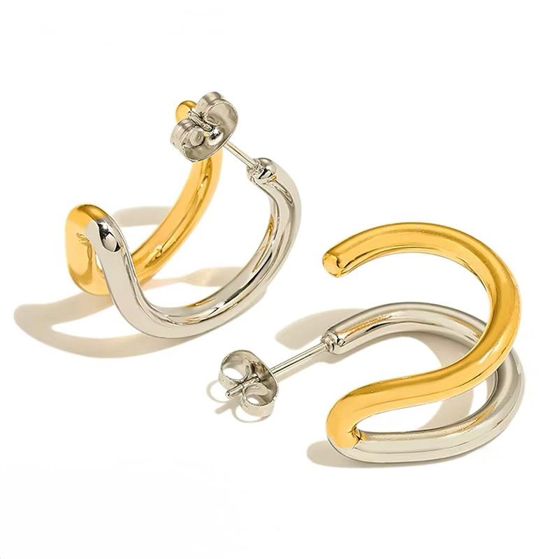 Dual Tone Stainless Steel - Sculpted Hoop Earrings