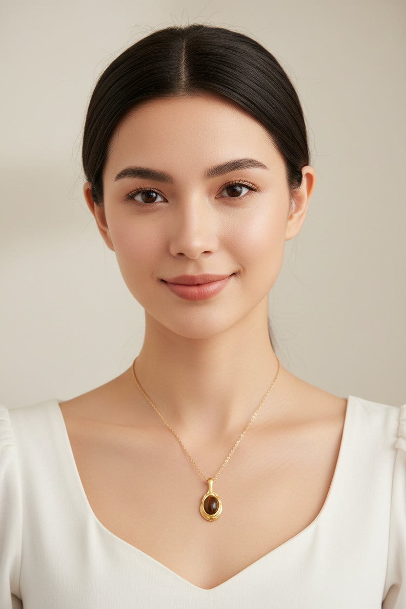 Tiger’s Eye Pendant Necklace – Stainless Steel Minimal Style