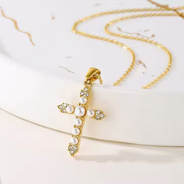 Cross Pearl Pendant Necklace - Modern Aesthetic Wear