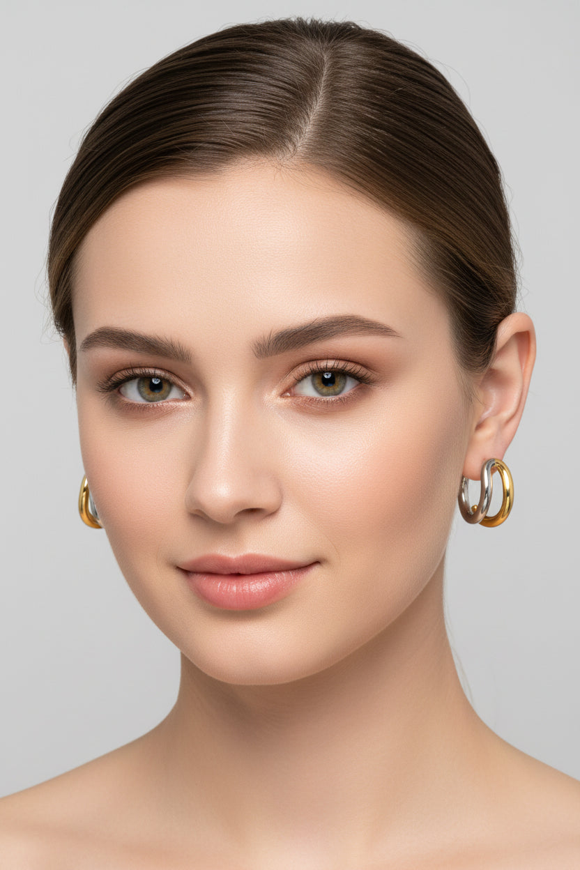 Dual Tone Stainless Steel - Sculpted Hoop Earrings