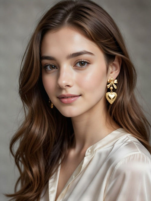 Gold bow heart locket earrings — Kimoore